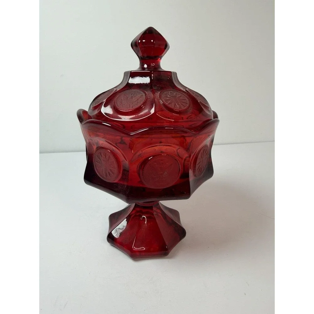 Fostoria  Ruby Red Coin Footed Compote Candy‎ Dish Lidded 8